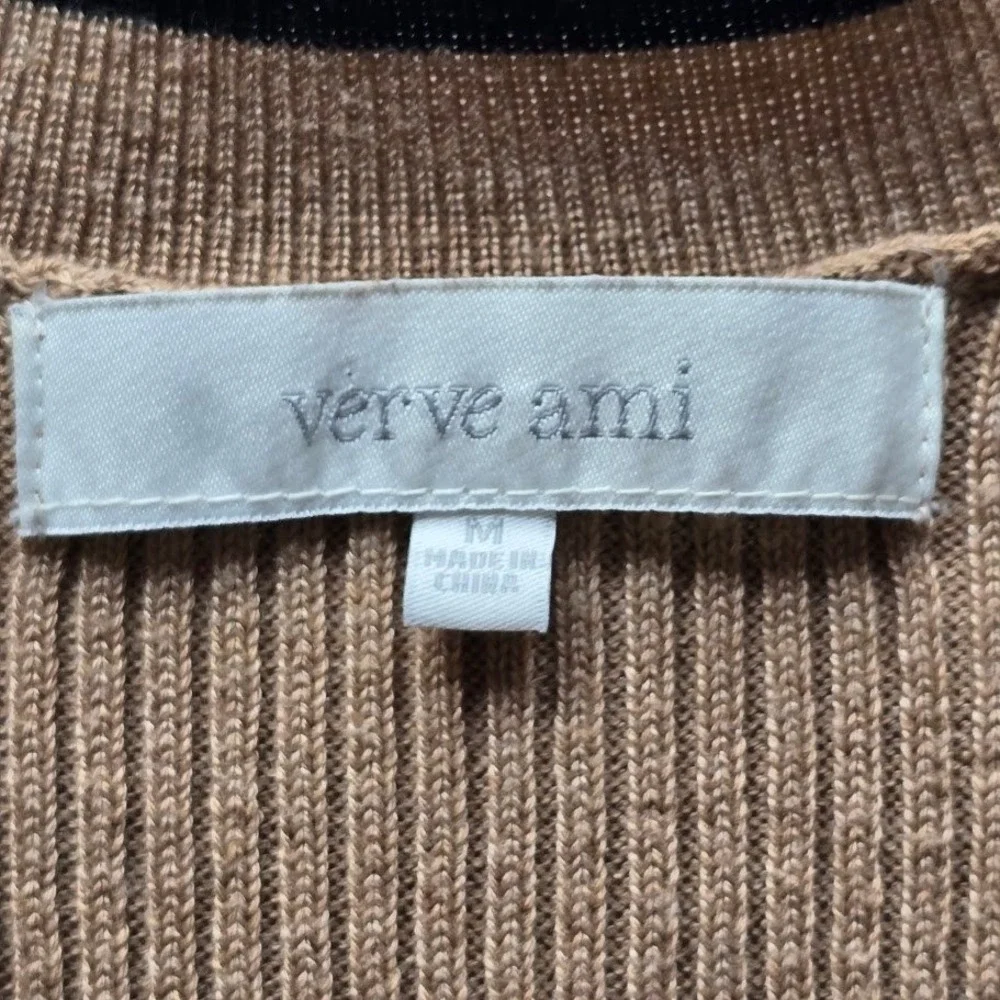 Verve Ami Tan Open Front Cardigan Black Trim Women M Ribbed Fine Knit Pockets